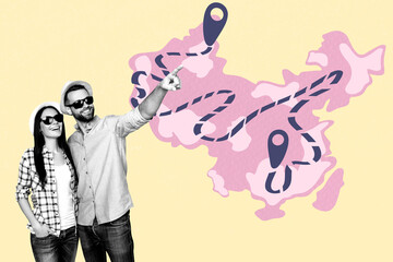 Trend artwork banner sketch 3D photo collage of couple young lady man choose way weekend abroad...