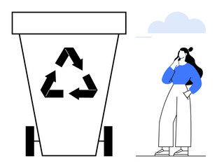 Woman stands thoughtfully next to a large recycle bin with the recycling logo. Ideal for sustainability, recycling, environmental awareness, waste management, green living, ecological conservation