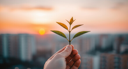 Hand holding a fresh green leaf against a vibrant sunset skyline in an urban setting