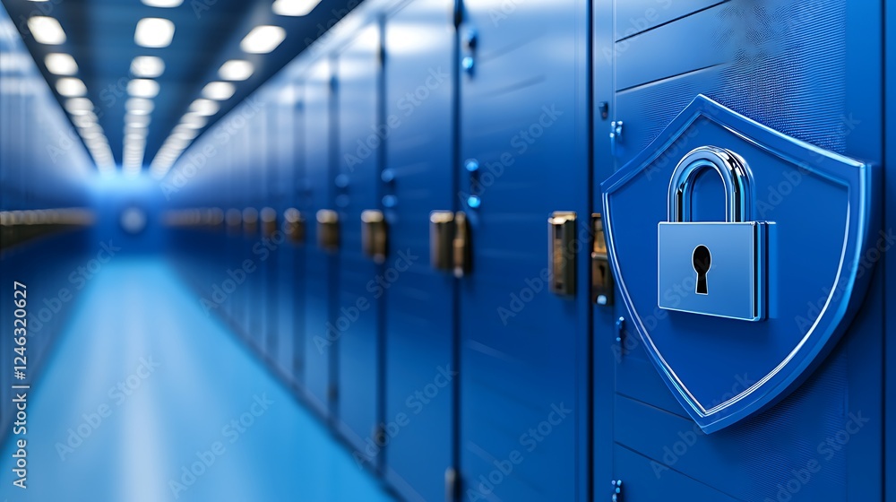 Poster secure lock on blue storage locker with blurred background in modern data center environment
