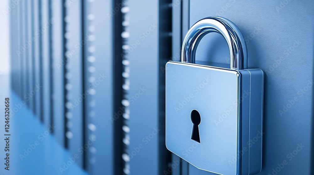 Poster secure lock on data storage system representing cybersecurity and data protection in digital environ