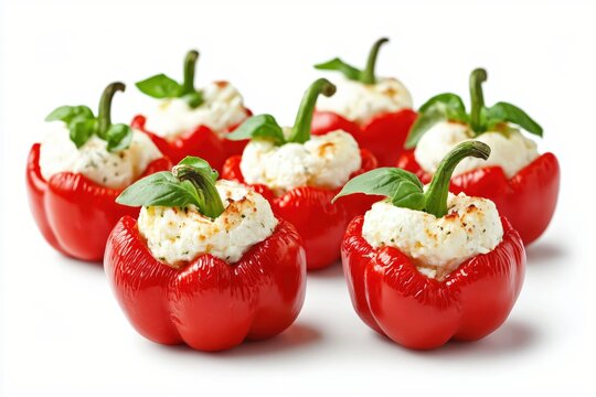 Appetizing Stuffed Red Bell Peppers with Cream Cheese and Basil on a White Background