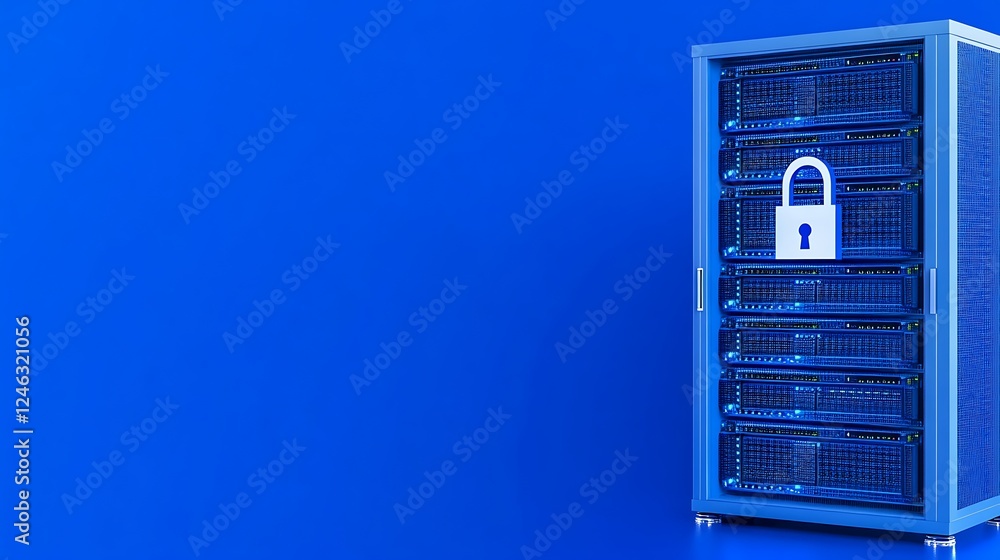 Poster secure server rack with lock symbol on bright blue background for cybersecurity and data protection 