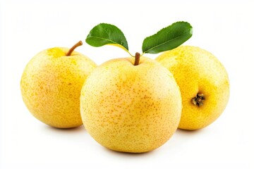 Fototapeta premium Three Fresh Asian Pears with Green Leaves on a Clean White Background in Studio Lighting