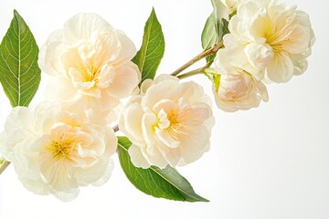 Obraz premium Elegant Camellia Blossom Arrangement with Lush Green Leaves on a Clean White Background