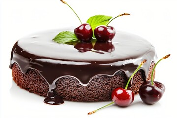Decadent Chocolate Cake with Glossy Ganache and Fresh Cherries on White Background Delight