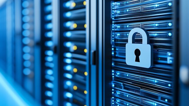 Secure Server Room with Digital Padlock Symbolizing Data Protection and Cyber Security Measures