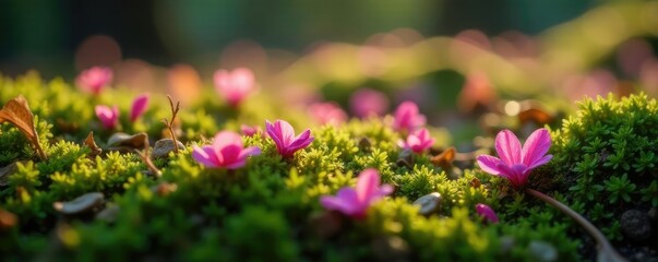 Obraz premium Tiny flower petals scattered on a mossy floor, small, delicate