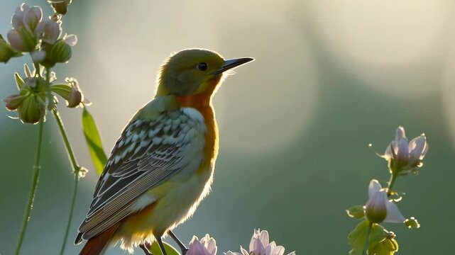 Bird in Sunlight on Flower. Whinchat perched gently in soft, golden light. Nature. Peaceful, serene wildlife scene. Ideal for nature, calm visuals.