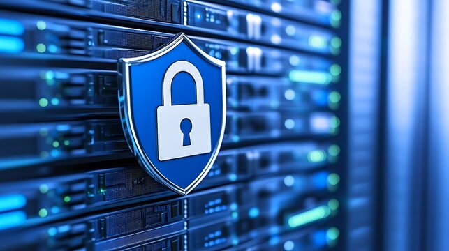 Secure Server Room with Digital Lock Icon Representation of Cybersecurity and Data Protection Concepts