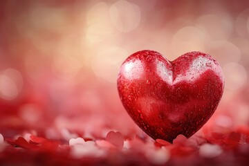 Obraz premium Red Heart on a Romantic Background Featuring Valentine Decorations and Soft Bokeh Effects