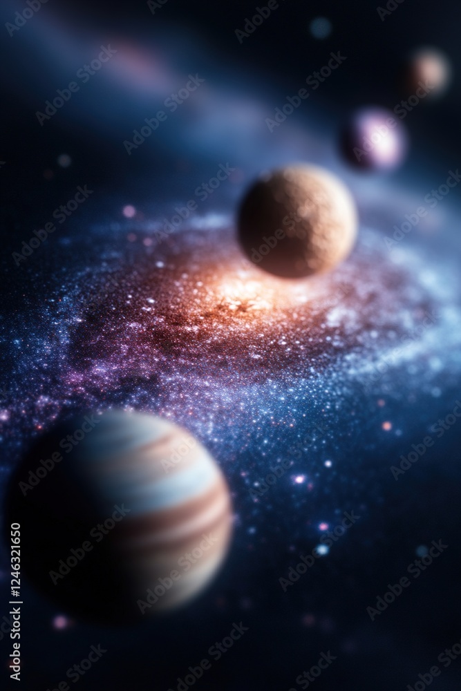 Poster a breathtaking view of the milky way showcases illuminated planets against a star-filled background.