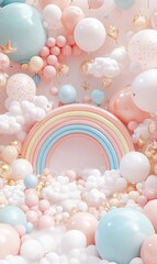 Pastel rainbow, balloons, and clouds background for baby shower, birthday, or celebration