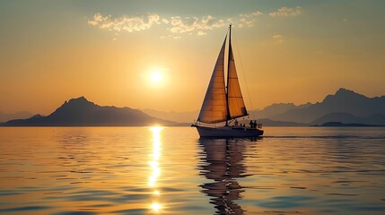 Friends sailing on a serene lake, with a sailboat gliding gracefully on the water and distant mountains silhouetted against the setting sun.