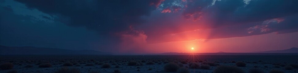 Obraz premium The only sound is smoke and the distant hum of a spotlight over a vast, empty plain, darkness, barren, night