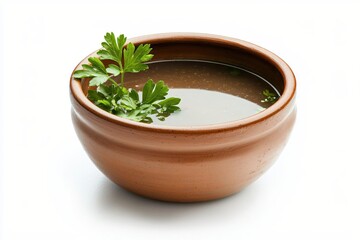 Earthenware bowl of broth garnished with fresh parsley on a clean white surface studio shot