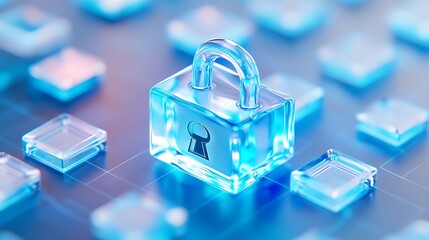Fototapeta premium Stylish Transparent Blue Padlock on Glossy Background Representing Digital Security and Data Protection Concepts