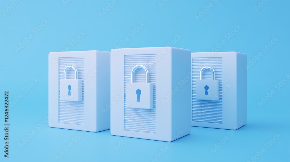 Poster three secure boxes with locks on a soft blue background representing safety and protection concepts