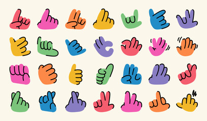 A set of playful and vibrant vector hands showcasing a variety of fun and expressive gestures in a colorful cartoon design on a neutral background. Great for creative uses and concepts.