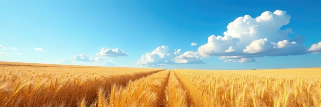The blue sky provides a striking backdrop for the wheat, countryside, blue sky, clouds