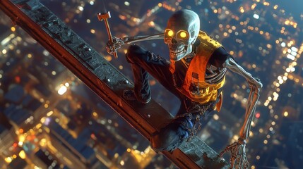 A skeleton in a construction vest, balancing on a steel beam high above a city, holding a wrench and lit by soft studio lights that contrast the industrial setting
