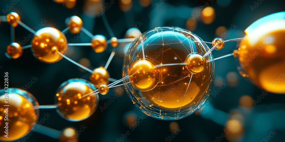 Poster abstract network of golden spheres connection, digital communication and technology background