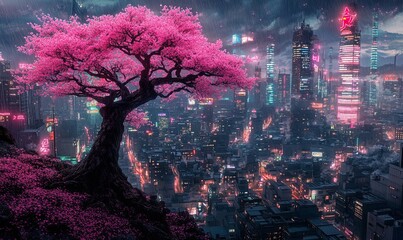 Pink cherry blossom tree overlooking futuristic neon cityscape at dusk