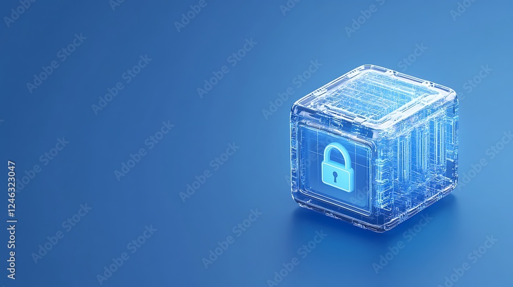 Poster transparent cube with digital padlock symbol representing data security and information protection c