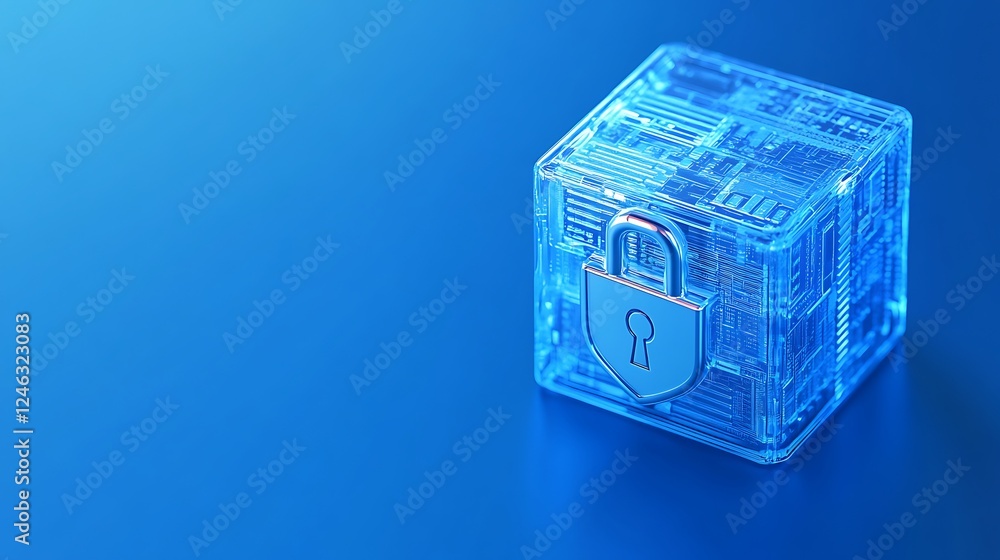 Poster transparent digital lock cube on blue background symbolizing data security and privacy in technology
