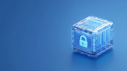 Transparent cube with digital padlock symbol representing data security and information protection concepts