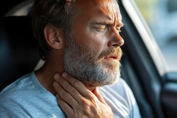 Fototapeta premium Man in car struggles with intense panic attack while feeling breathless and anxious