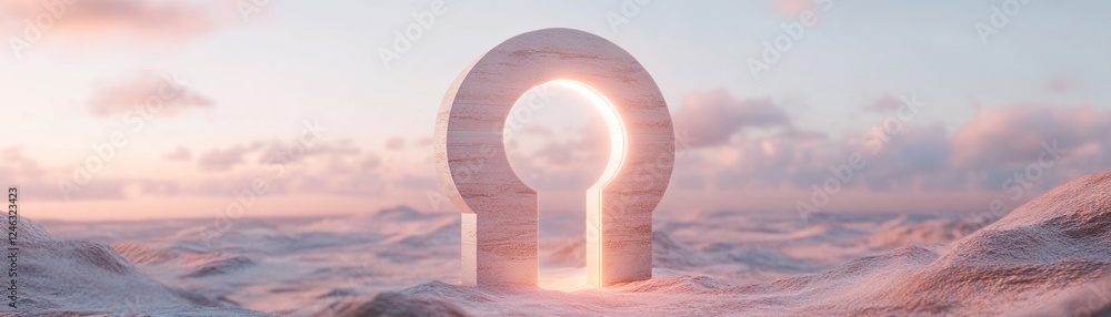 Aufkleber a large keyhole hovers in the sky above a vast desert, casting a mysterious glow as a brilliant ligh
