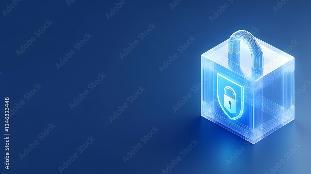 Poster transparent digital padlock with glowing elements on blue background for security and technology con