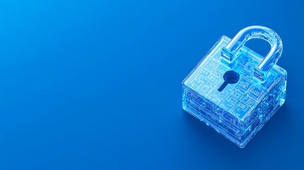 Fototapeta premium Transparent digital padlock symbolizing cybersecurity and data protection on vibrant blue background