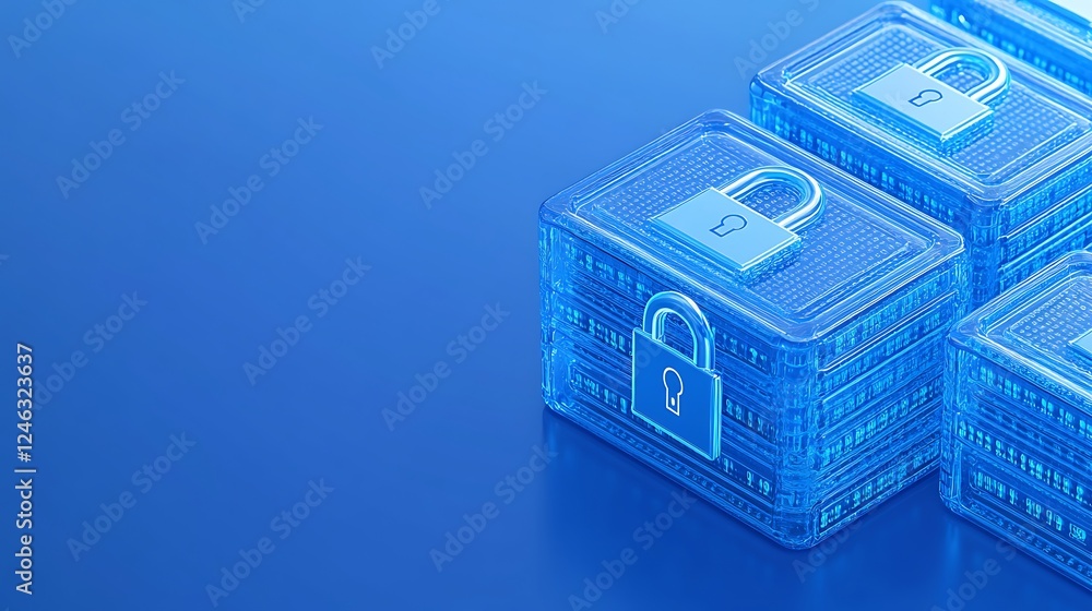 Poster transparent digital storage boxes with lock icons on a blue background illustrating data security an