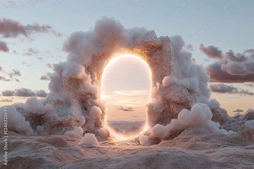 Aufkleber a large keyhole floats in the sky, illuminated with a vibrant glow, casting mysterious light onto th