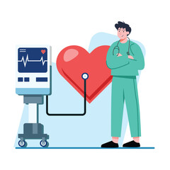 A friendly doctor stands beside a large heart connected to a heart monitor Perfect for healthcare websites and educational materials