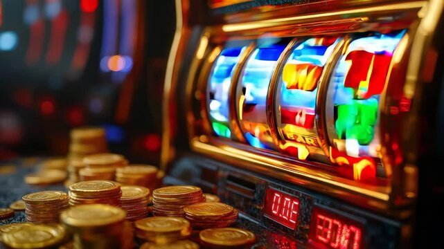 Casino Slot Machine Reels Spinning. Gambling game, golden coins. Jackpot chance. Bright lights, exciting casino atmosphere. Bet and win!