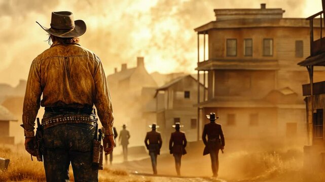 Western Cowboy Standoff in Dusty Town. Dramatic cinematic scene, gunslinger. Old West setting, tension, adventure. Great for film, game projects.