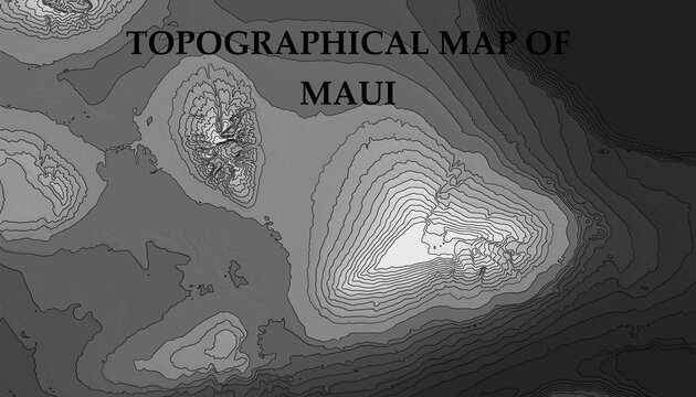 Topographic map in black and white. Geographic relief of mountains and ocean floor in vector illustration. Texture of topographic image. Graphic contour lines of height. Maui, Hawaii, USA, waterfalls,