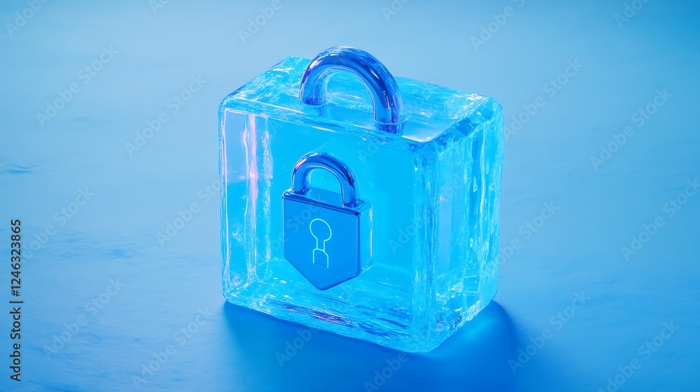 Poster transparent ice cube with a padlock symbolizing security and protection in a cool blue illumination 