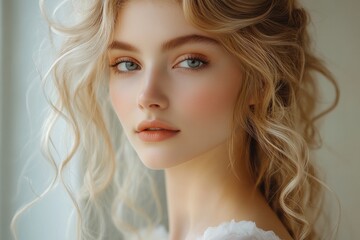 Fototapeta premium Elegant young woman with wavy hair and striking blue eyes gazes thoughtfully out of a sunlit window in a serene indoor setting during the afternoon