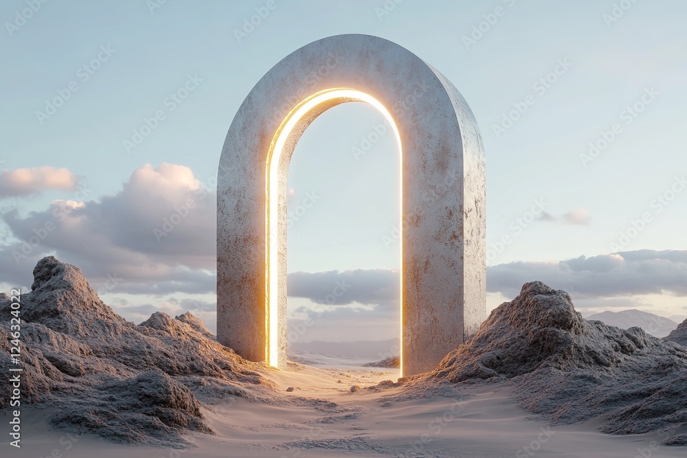 Aufkleber a large keyhole radiates light from the sky, hovering over a sprawling desert. the glowing structure