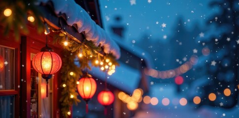Snow-covered cornice lined with twinkling fairy lights and colorful lanterns, decorations, festive, colored lights