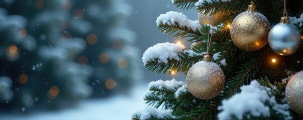 Obraz premium Snow-covered Christmas tree with delicate white ornaments, festive, cold