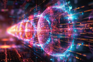 Obraz premium Futuristic data stream technology network ai connection abstract innovation cyber digital flow system circuit data transmission.