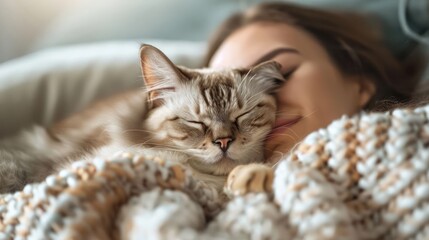 A woman peacefully sleeping with her fluffy cat on a cozy blanket in a serene bedroom setting