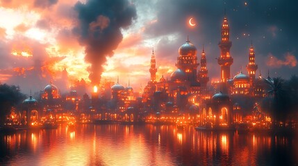 Fototapeta premium Twilight Cityscape with Smokestacks Minarets and Crescent Moon Reflecting on Water