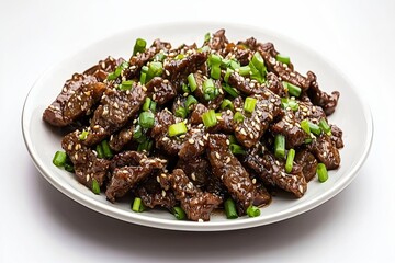 Delicious and Appetizing Beef Stir Fry with Sesame Seeds and Green Onions on White Plate