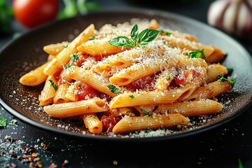 Delicious penne pasta with fresh tomato sauce, herbs, and grated cheese served in a black bowl on a wooden table